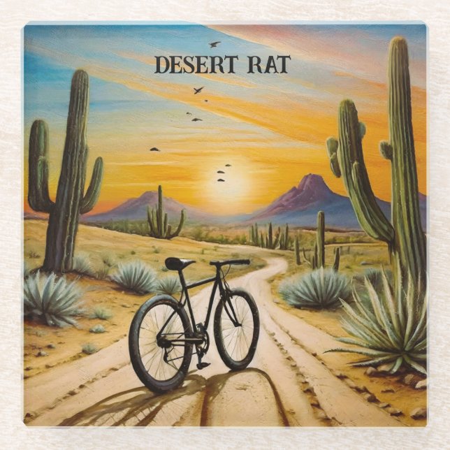 Desert Rat Cycling Mountain Bike Sunset Custom Glass Coaster (Front)
