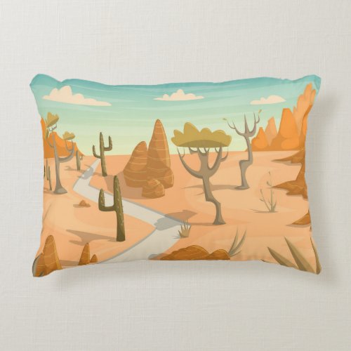 Desert Road Landscape Cartoon Vintage Accent Pillow