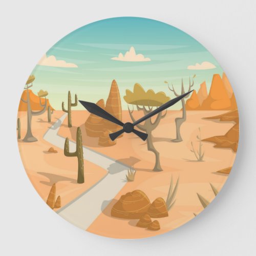 Desert Road Landscape Cartoon Vintage Large Clock