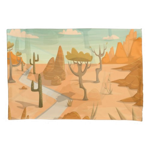 Desert Road Landscape Cartoon Vintage Pillow Case