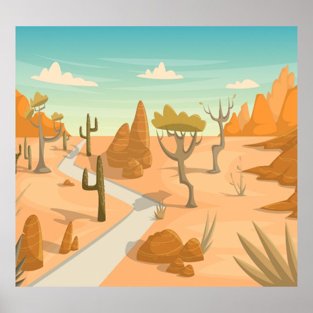 Desert Road Landscape: Cartoon Vintage. Poster (Front)