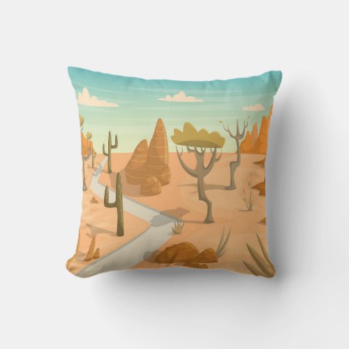 Desert Road Landscape Cartoon Vintage Throw Pillow