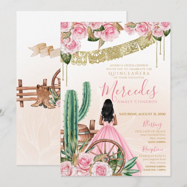 Desert Rose Pink Charro Quinceanera Western Cactus Invitation (Front/Back)