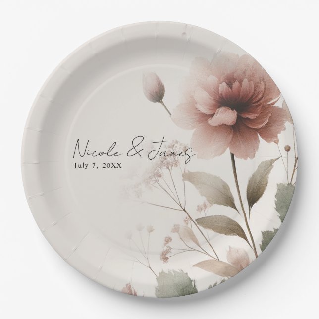 Desert Rose Pink Floral Greenery Bridal Wedding Paper Plates (Front)