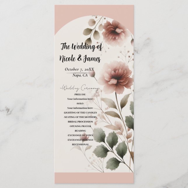 Desert Rose Pink Floral Greenery Wedding Program (Front)