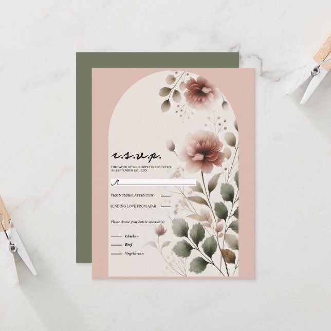 Desert Rose Pink Floral Greenery Wedding RSVP Invitation (Front/Back In Situ)