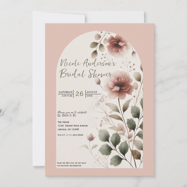 Desert Rose Pink & Green Floral Bridal Shower Invitation (Front)