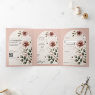 Desert Rose Pink & Green Floral Greenery Wedding Tri-Fold Invitation