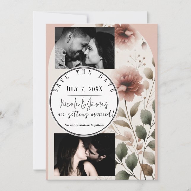 Desert Rose Pink & Green Floral Save The Date Invitation (Front)