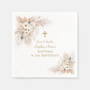 Desert Roses Pampas Grass 1st Birthday Baptism Napkins