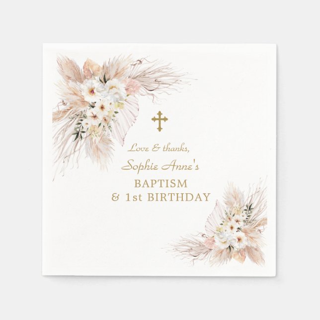 Desert Roses Pampas Grass 1st Birthday Baptism  Napkins (Front)