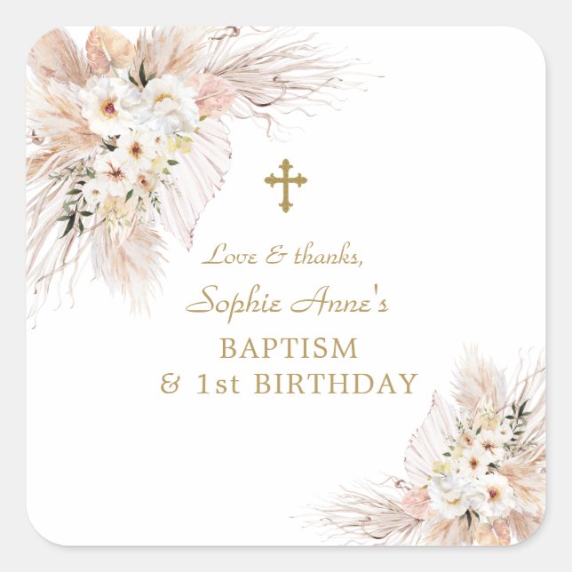 Desert Roses Pampas Grass 1st Birthday Baptism   Square Sticker (Front)