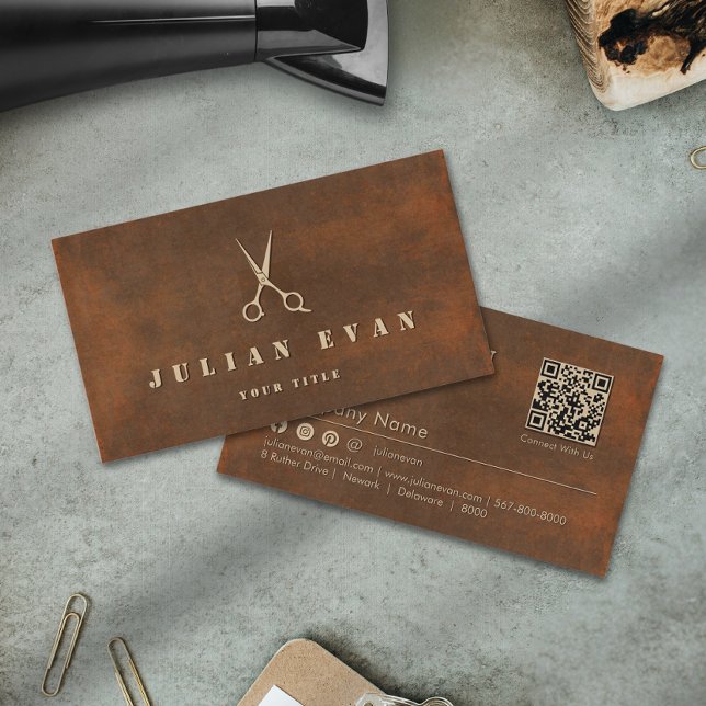 Desert Rust Iron Hair Scissors Logo Hair Stylist Business Card (Rustic Iron Hair Scissors Logo Hairstylist Business Card)