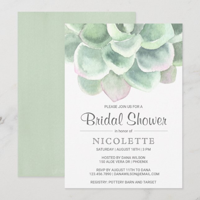 Desert Sage Green Succulent Bridal Shower Invitation (Front/Back)