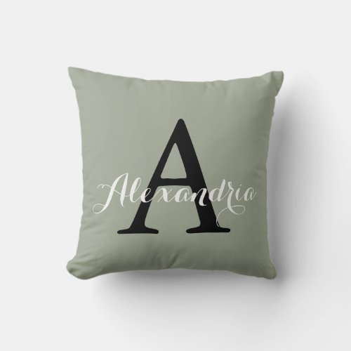 Desert Sage Grey Green Solid Color Monogram Throw Pillow