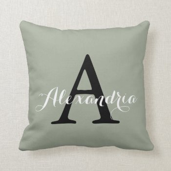Desert Sage Grey Green Solid Color Monogram Throw Pillow by color_words at Zazzle