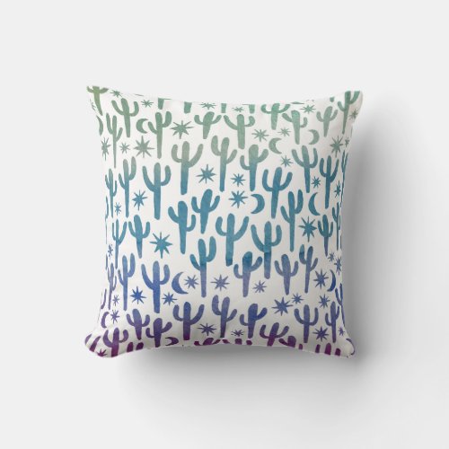 Desert Saguaro Cacti Watercolor Green Blue Purple Throw Pillow