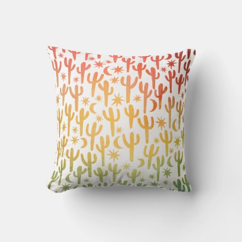 Desert Saguaro Cacti Watercolor Red Gold Green Throw Pillow