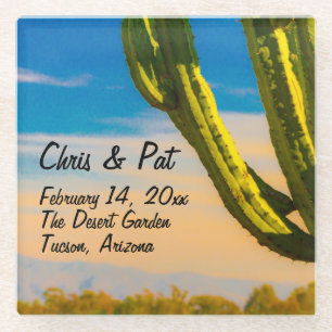 Desert Saguaro Cactus Wedding Date Location Glass Coaster