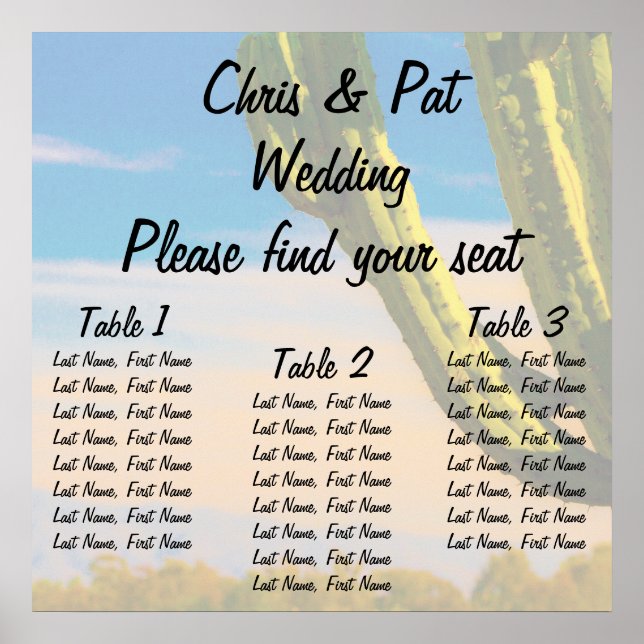 Desert Saguaro Wedding Seating Chart Three Tables (Front)