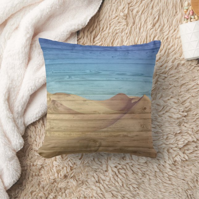Desert Sand Dunes Beautiful Blue Sky On Wood Grain Throw Pillow (Blanket)
