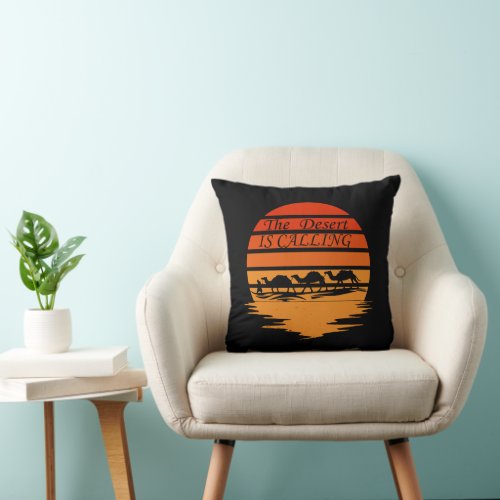 desert scene with camels sunset vintage throw pillow