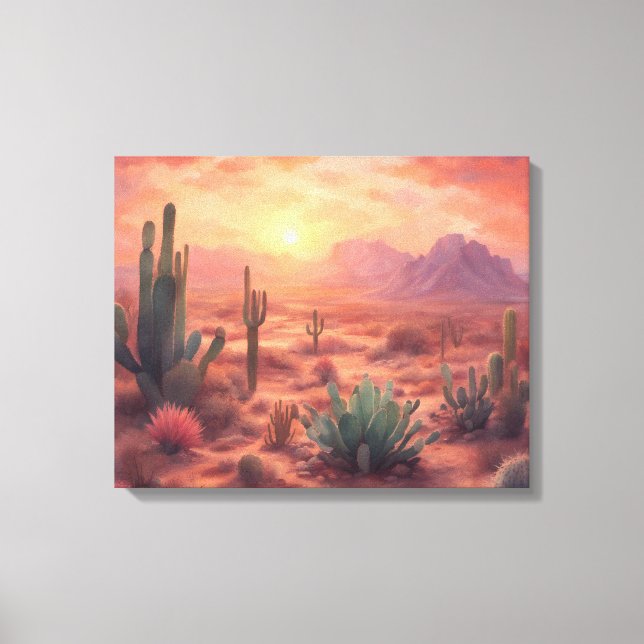 Desert Sequoia Cactus Colorful Sunrise Art Canvas Print (Front)