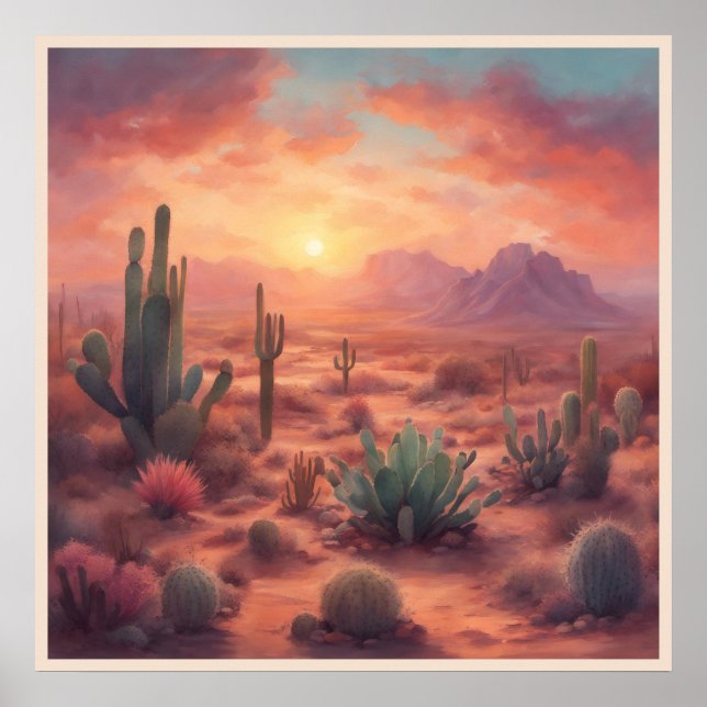 Desert Sequoia Cactus Colorful Sunrise Art Poster (Front)