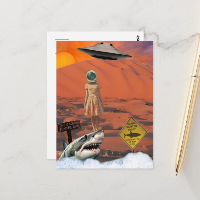 Desert Shark Astronaut UFO Surreal Collage Postcard (Front/Back In Situ)