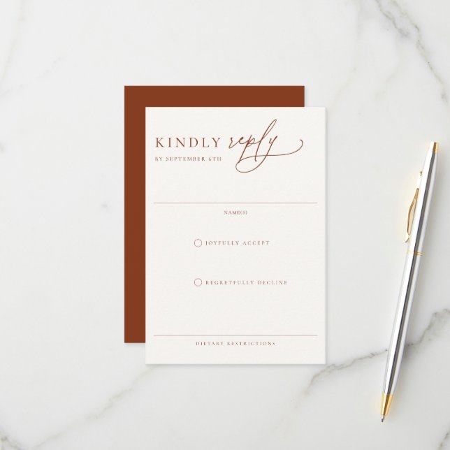 Desert Sienna Modern Minimalist Wedding RSVP Card (Front/Back In Situ)