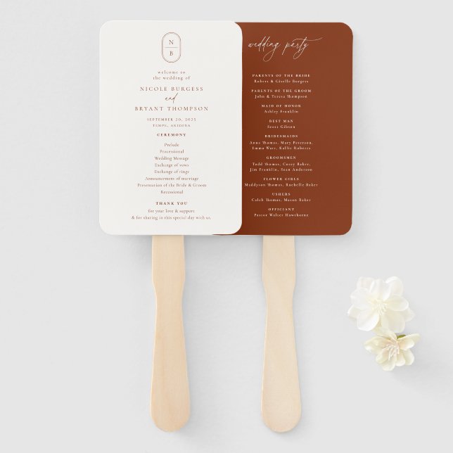 Desert Sienna Monogram Wedding Program Hand Fan (Front and Back)