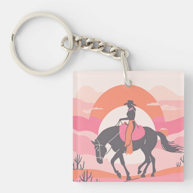 Desert Skies with Cowgirl Riding her Horse Keychain (Front)