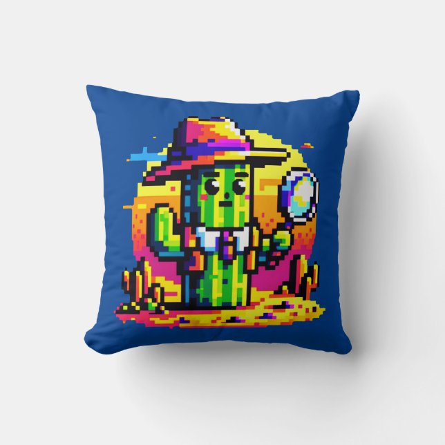 Desert Sleuth: 8-Bit Cactus Detective Adventure Throw Pillow (Front)