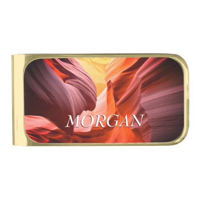 Desert Slot Canyon or Your Photo, White Name Gold Finish Money Clip (Front)