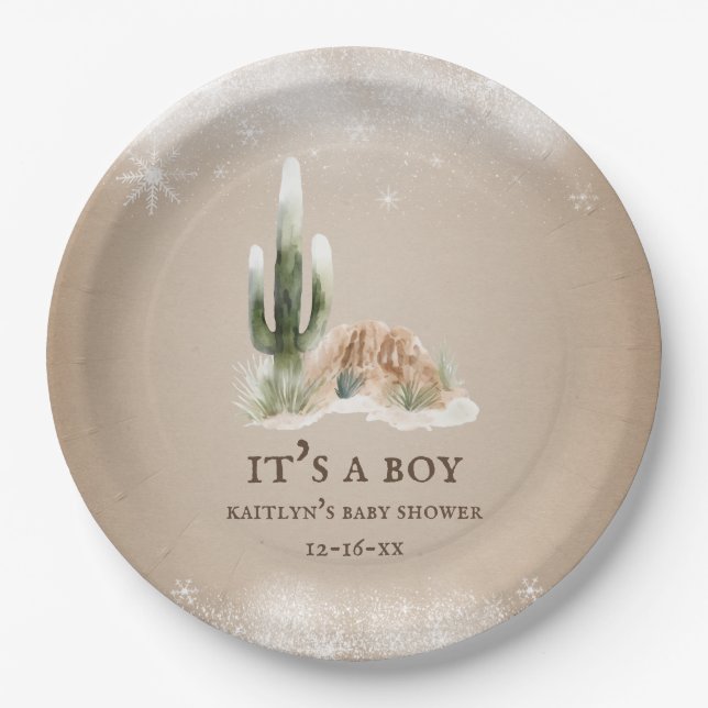 Desert Snow Cactus Baby Shower Paper Plates (Front)
