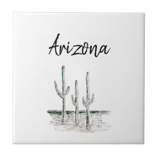 Desert Southwest Cactus Arizona Black White Ceramic Tile