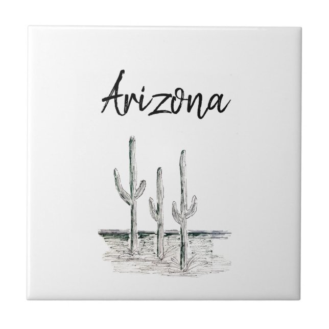 Desert Southwest Cactus Arizona Black White Ceramic Tile (Front)