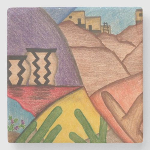 Desert Southwest Cactus Arizona Folk Art   Stone Coaster