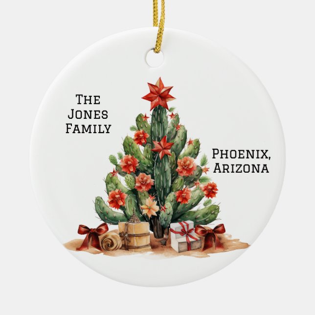 Desert/Southwest Cactus Personalized Xmas Tree Ceramic Ornament (Front)