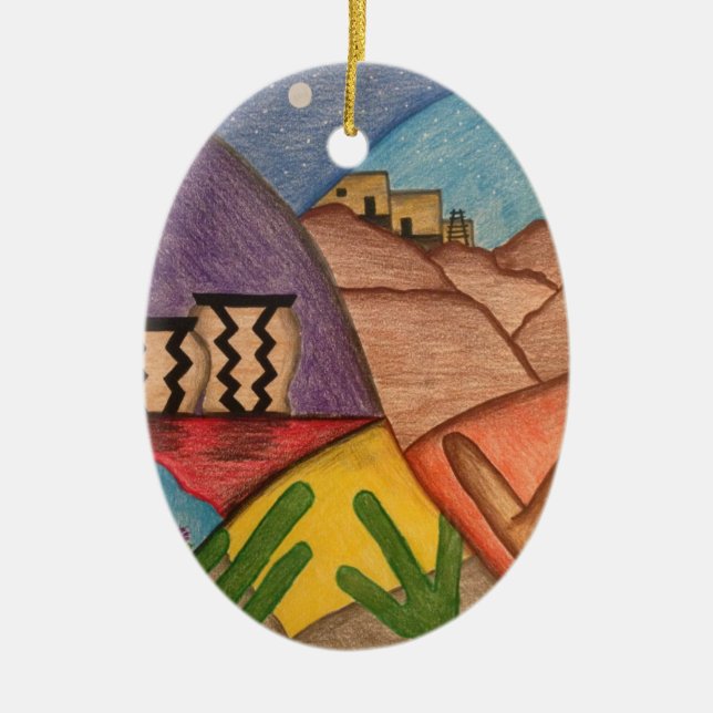 Desert Southwest Folk Art Christmas Ceramic Ornament (Front)