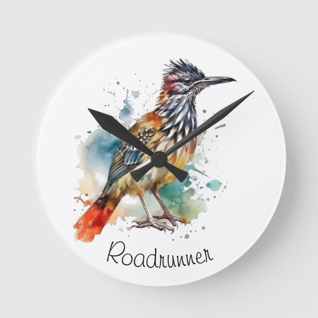 Desert Spirit, Roadrunner in Watercolor, custom Round Clock (Front)