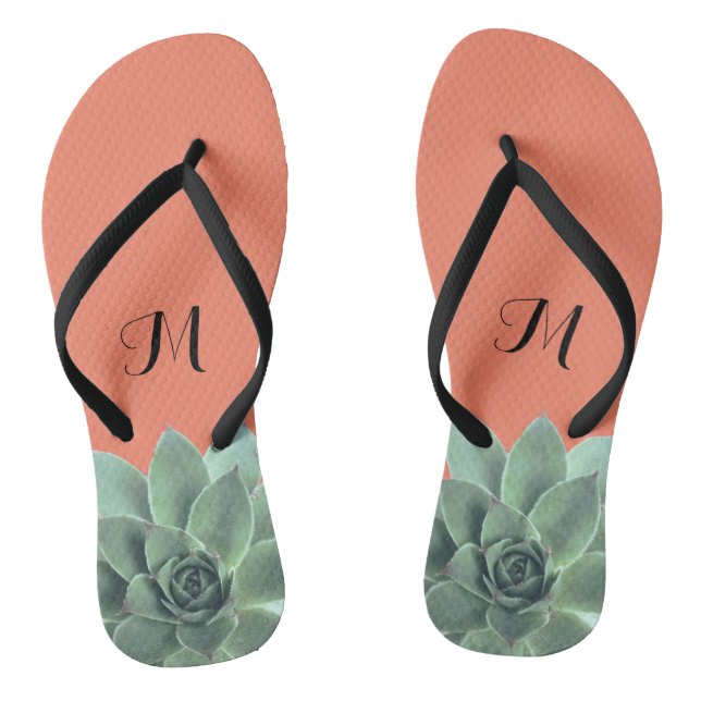 Desert Succulent Monogram Green and Peach Flip Flops (Footbed)