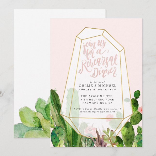 Desert Succulent Rehearsal Dinner Invitation-Pink Invitation (Front/Back)