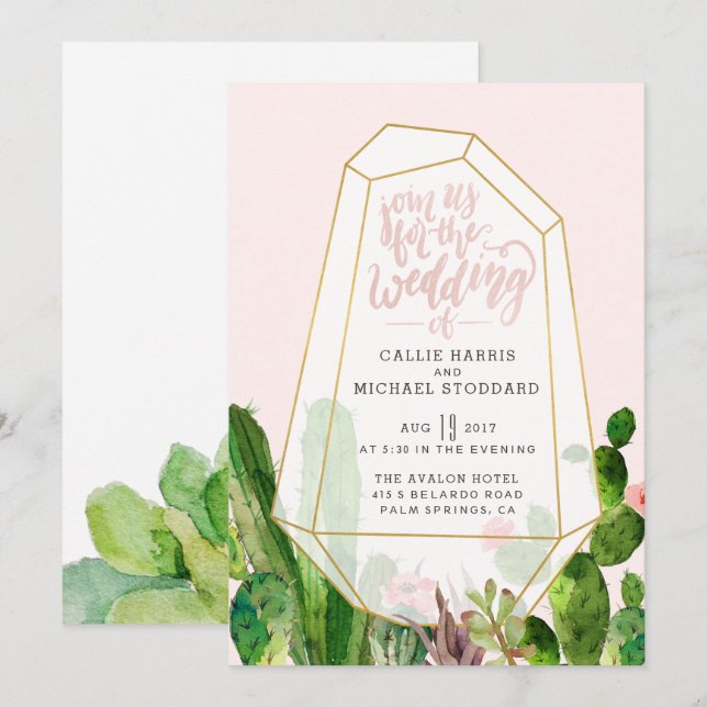 Desert Succulent Wedding Invitation - Pink (Front/Back)