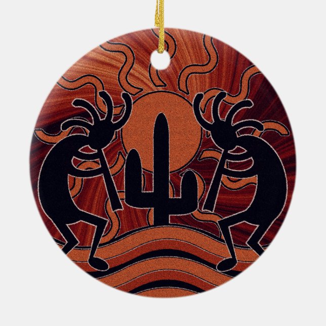 Desert Sun Cactus Kokopelli Southwest Decor Ceramic Ornament (Back)