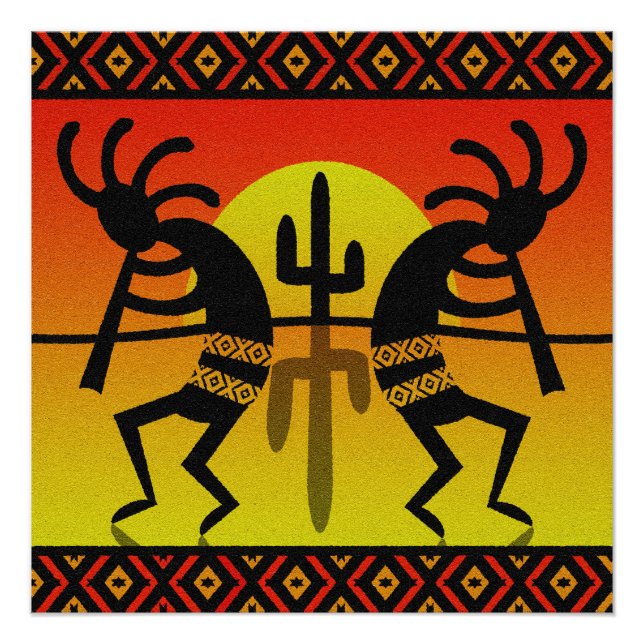 Desert Sun Cactus Kokopelli Southwest Design Poster (Front)