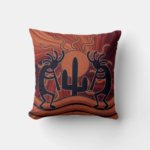 Desert Sun Cactus Kokopelli  Southwest Design Throw Pillow