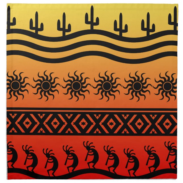 Desert Sun Cactus Southwest Kokopelli Pattern Cloth Napkin (Front)