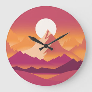 Desert Sun Mountain Peaks Landscape Illustration Large Clock