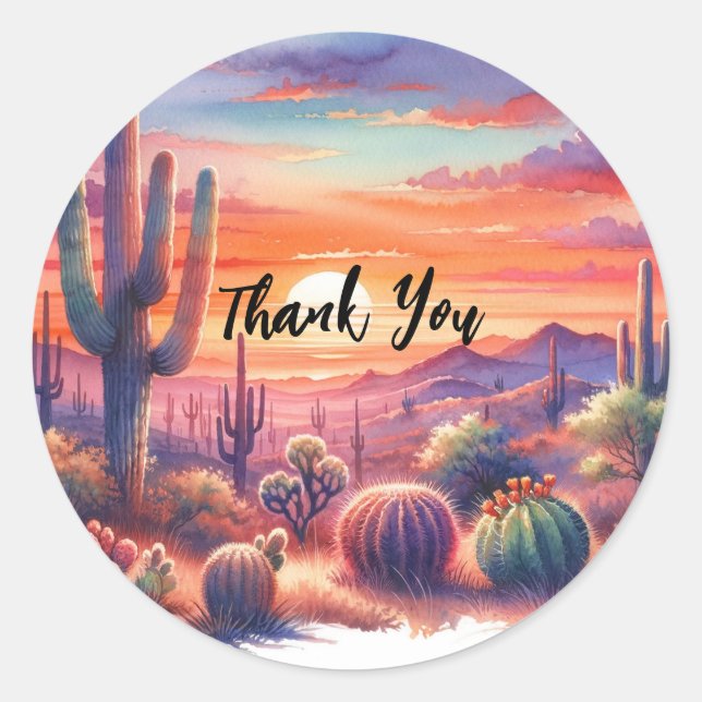 Desert Sunset Glow Watercolor Southwestern Wedding Classic Round Sticker (Front)